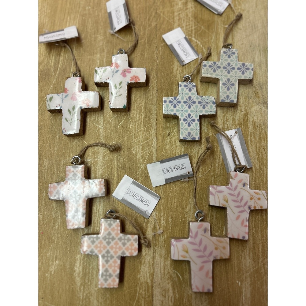 Midwest-CBK Floral Wood Cross Ornaments Set of 8 Pastel Religious Decor, New